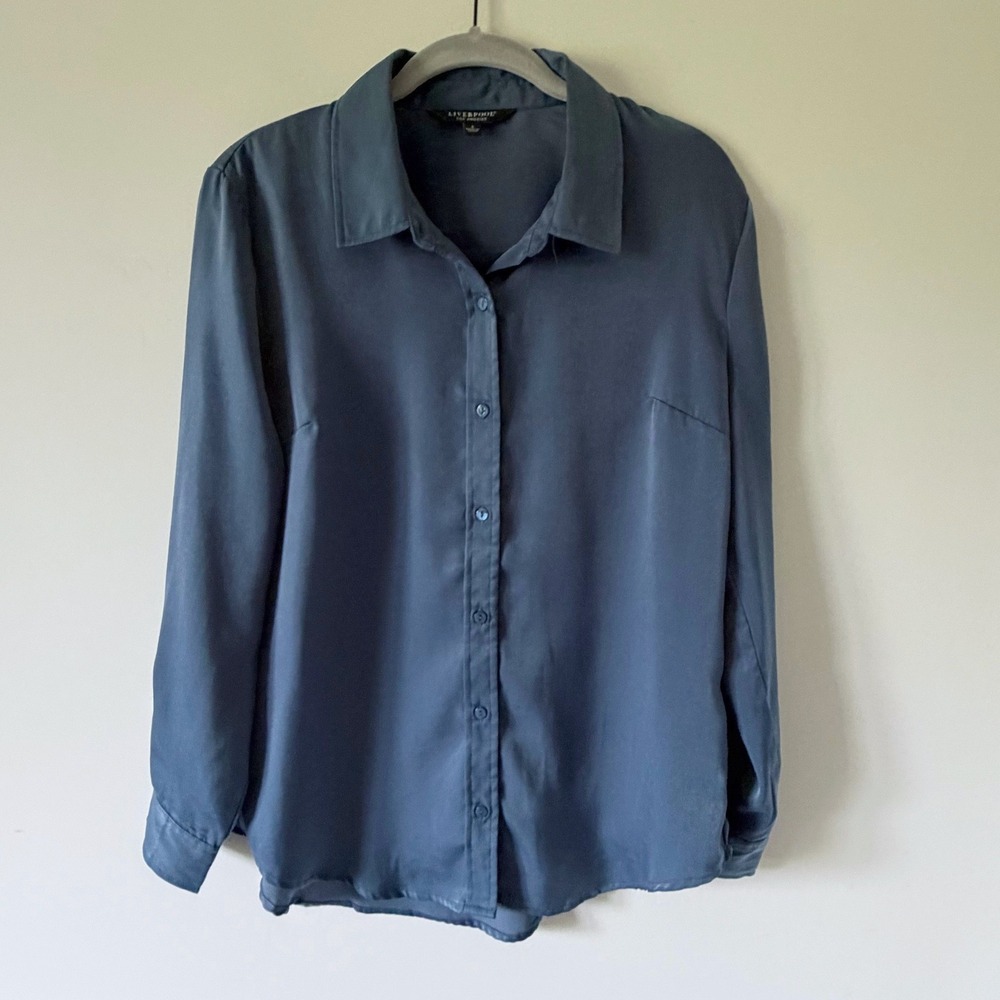 Liverpool Los Angeles Shibori Blue Satin Button Down Shirt Womens S Chic Silky